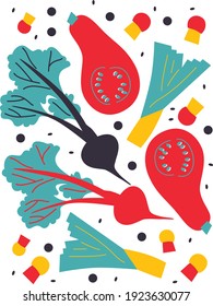 Vegetables set in abstract modern trendy style. Veggies vector illustration. Cooking ingredients in cartoon style for flyer.