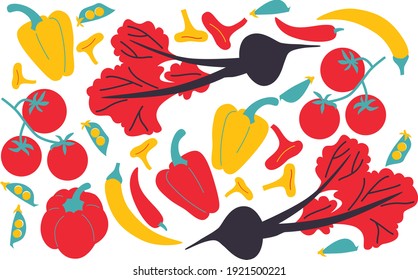 Vegetables set abstract vector illustration. Cartoon flat vegetables simple clip art for your design. Vegetarian and raw food diet concept. Healthy organic farm food. Vegetables for print or web desig