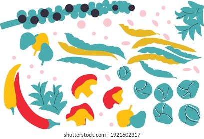 Vegetables set abstract vector illustration. Cooking ingredients veggies illustration. Vegetarian and raw food diet concept. Healthy organic farm food. Vegetables for print or web design.