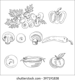 Vegetables set with apple, sweet pepper,
mushroom; apple, salad and mushroom
 drawings, in sketch hand drawn style
, for fruit and vegetable market, restaurant and 
 cafe business design