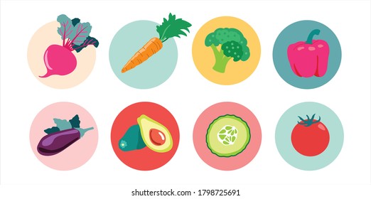 Vegetables set. Avocado, pepper, cucumber, tomato, broccoli, eggplant, carrot, beets. Round sticker, label collections. Trendy vector illustrations for instagram, store website design and print. 