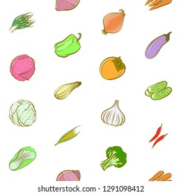 Vegetables set. Background for printing, design, web. Usable as icons. Seamless. Colored.