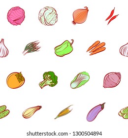 Vegetables set. Background for printing, design, web. Usable as icons. Seamless. Colored.