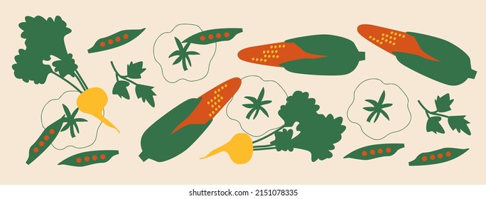 Vegetables set. Beat, peas, pepper,vector illustration on beige background. Horizontal banner autumn harvest. Abstract vegetables, fruits illustration. Abstract appetizing Vegetables collection.