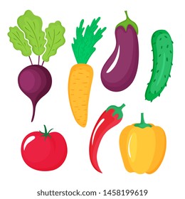 Vegetables set of beet, chili, carrot, eggplant, cucumber, tomato, paprika isolated on white background