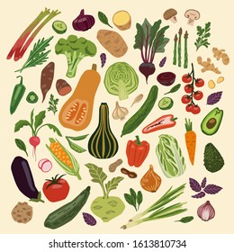Vegetables set. Big collection of handdrawn colorful veggies. Healthy vegan food flat vector illustration. Cute free hand doodles for print and web. 