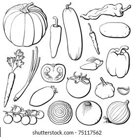 Vegetables set, black and white, each in separated layer. Vector illustration.