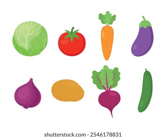 Vegetais. Repolho, cenoura, tomate, cebola, beterraba, pepino, batata e legumes de berinjela. Ilustração vetorial de legumes saudáveis.