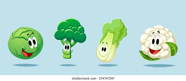 vegetables set with cabbage, cauliflower and Chinese cabbage. Cute illustration