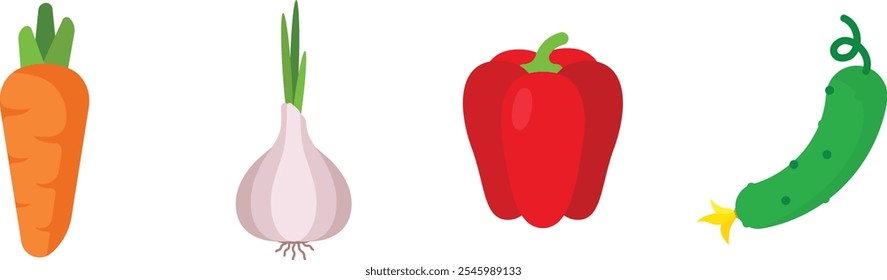Gemüse mit Karotte, Knoblauch, roter Paprika, Gurke; einzelne flache Illustrationen auf transparentem Hintergrund