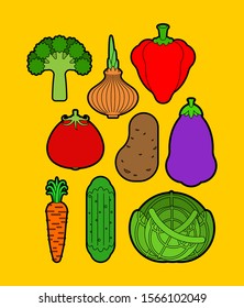 Vegetables set. cartoon Vegetable. Tomato and cabbage. Bell pepper and eggplant. Potatoes, onions and broccoli. Cucumber and carrots. vector illustration
