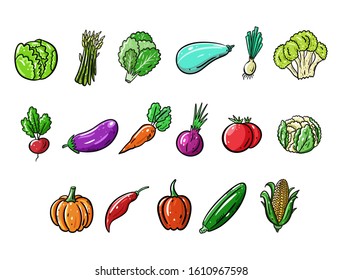 Vegetables set collection. Cartoon style. Vector illustration. Isolated on white background.