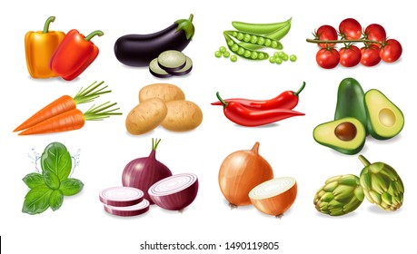 Vegetables set collection Vector realistic. Avocado, eggplant, carrots and tomatoes detailed 3d illustration