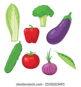 Conjunto de verduras. Colección del diseño de elementos vegetales. Ilustración vectorial plana de verduras aislada sobre fondo blanco. 
Pepino, berenjena, repollo, cebolla, tomate, pimiento, guisantes, brócoli