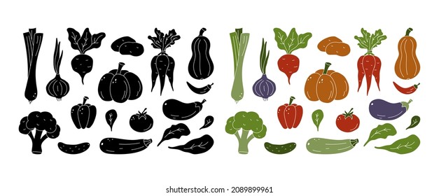 Vegetables set. Color and black silhouette elements on white background. Hand drawn isolated illustration of onion, carrot, pumpkin, broccoli, eggplant, beet, pepper, tomato, lettuce for food design