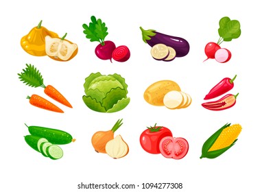 Vegetables, set of colored icons. Green vegetable, garden stuff concept. Vector illustration