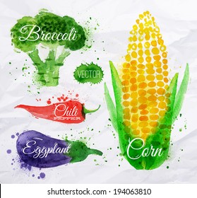 Vegetables set drawn watercolor blots and stains with a spray corn, broccoli, chili, eggplant