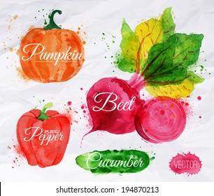 Vegetables set drawn watercolor blots and stains with a spray pumpkin, beet, pepper, cucumber