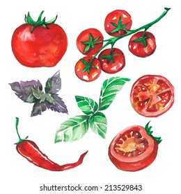 vegetables set drawn watercolor blots and stains with tomatoes, pepper, basil