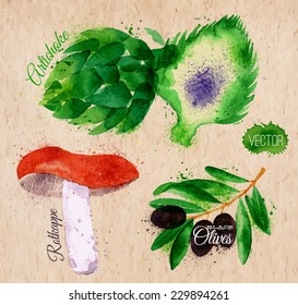 Vegetables set drawn watercolor blots and stains with a spray rotkappe, artichokes, black olives on kraft paper