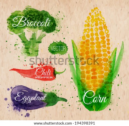 Vegetables set drawn watercolor blots and stains with a spray corn, broccoli, chili, eggplant on kraft paper