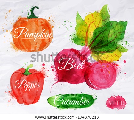 Vegetables set drawn watercolor blots and stains with a spray pumpkin, beet, pepper, cucumber