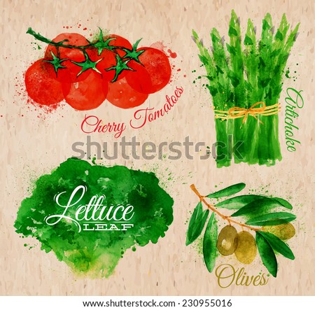 Vegetables set drawn watercolor blots and stains with a spray lettuce, cherry tomatoes, asparagus, olives on kraft paper