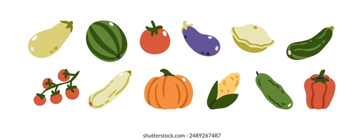 Juego de verduras. Berenjena, calabaza, calabacín, calabaza, maíz, pimiento, pepino, tomate cereza. Verduras saludables. Comida natural. Ilustración vectorial plana aislada sobre fondo blanco