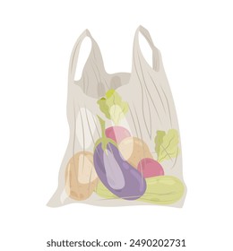 Vegetables. A set of fresh vegetables in in plastic or biodegradable bag. Shopping package with grocery product.