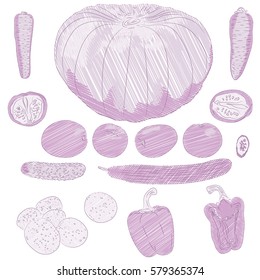 Vegetables set hand drawn in retro style