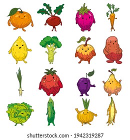 Vegetables set hand drawn scetch characters cartoon. Collection orange, beet root, strawberry, carrot, lemon, broccoli, apple, potato, tomato, leek, onion, plum, pear, cabbage, cucmber, onion, banana