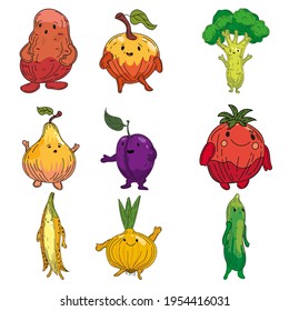 Vegetables set hand drawn scetch characters cartoon. Collection potato, onion, plum, pear, cucmber, onion, banana