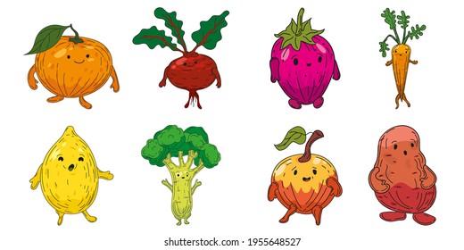 Vegetables set hand drawn scetch characters cartoon. Collection orange, beet root, strawberry, carrot, lemon, broccoli, apple, potato