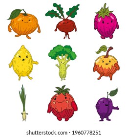Vegetables set hand drawn scetch characters cartoon. Collection orange, beet root, strawberry, lemon, broccoli, apple, tomato, leek, plum