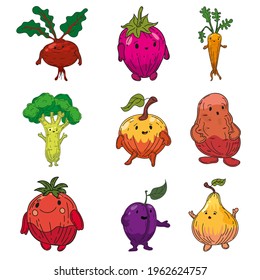 Vegetables set hand drawn scetch characters cartoon. Collection beet root, strawberry, carrot, broccoli, apple, potato, tomato, onion, plum, pear