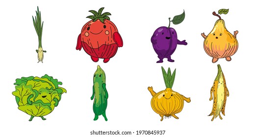 Vegetables set hand drawn scetch characters cartoon. Collection leek, onion, plum, pear cabbage, cucmber, onion, banana