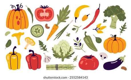 Vegetais. Alimentação saudável, comida fresca, Coleção de produtos agrícolas como pimenta, brócolis, verde, tomate e abóbora. Moderna ilustração vetorial isolado em branco, desenhado à mão, design plano