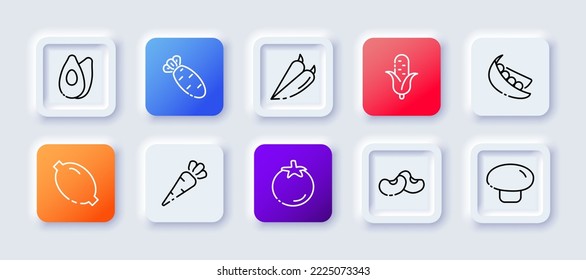 Vegetables set icon. Avocado, carrot, chili pepper, corn, pea, lemon, radish, bean, tomato, mushroom, plant, vegetarian, green, fresh. Cooking concept. Neomorphism style. Vector line icon for Business