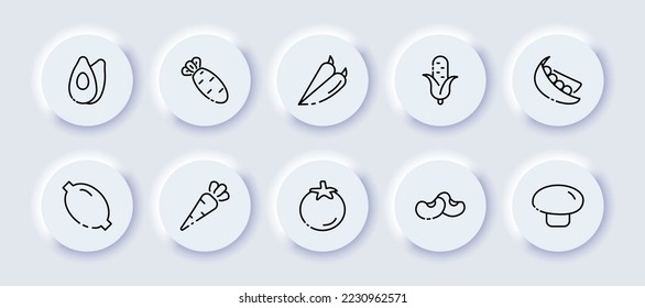 Vegetables set icon. Avocado, carrot, chili pepper, corn, pea, lemon, radish, bean, tomato, mushroom, plant, vegetarian, green, fresh. Cooking concept. Neomorphism style. Vector line icon for Business