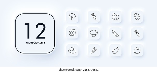 Vegetables set icon. Broccoli, carrot, pumpkin, potato, avocado, cucumber, bean, pepper, eggplant, tomato. Healthy eating concept. Neomorphism style. Vector line icon for Business and Advertising