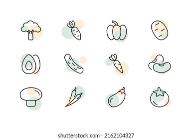 Vegetables set icon. Broccoli, carrot, pumpkin, potato, avocado, cucumber, bean, mushroom, chili pepper, eggplant, tomato. Healthy eating concept. Vector line icon for Business and Advertising.