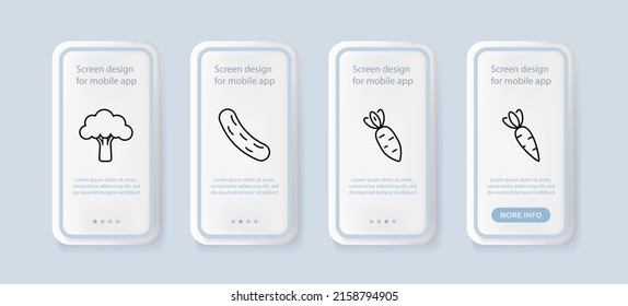 Icono de conjunto de verduras. Broccoli, pepino, zanahoria, vitaminas. Concepto de alimentos saludables. pantallas de aplicación de la interfaz de usuario con personas. Icono de línea de vector para negocios y publicidad