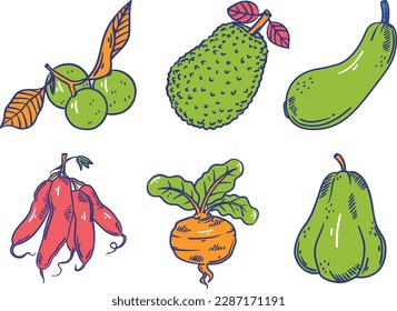 Vegetables set icon. Hand drawn doodle vector illustration.