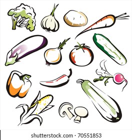 vegetables set of icons in black lines with pitches of aquarelle collors