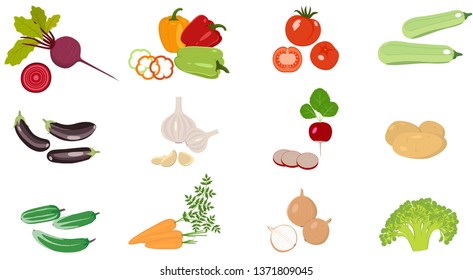 Vegetables.  A set of images broccoli, zucchini, eggplant, tomatoes, potatoes, cucumbers, carrots, beets, radishes, garlic, onions, peppers on a white background