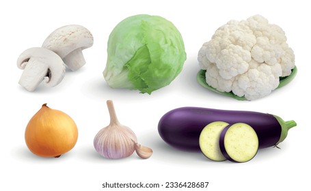 Vegetables set of isolated images with mushrooms onion garlic lettuce cauliflower and cabbage on blank background vector illustration