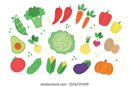 Vegetables set isolated on white background. Veggies set vector, different vegetables in flat design, vegetables complect isolated on white.  