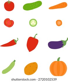 Verduras, conjunto aislado sobre un fondo blanco. Pepino, tomate, zanahoria, pimiento, calabacín, papa, berenjena. Vector ilustración de dibujos animados, cartel, postal. Imagen de Vector.