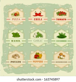 vegetables set labels, garlic, tomato, potato, basil, chilly, pepper, cucumber
