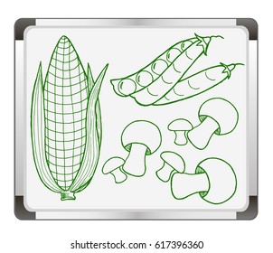 Vegetables set on flip chart background. Free hand drawn. Vector illustration. Peas, 
mushrooms, corn.